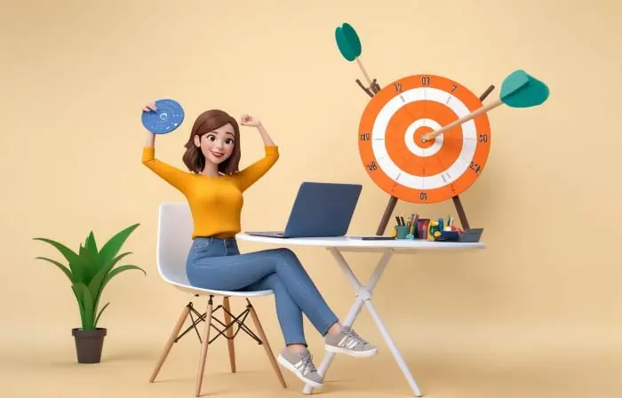 Female Employee with Target Achieved 3D Picture Cartoon Art Illustration